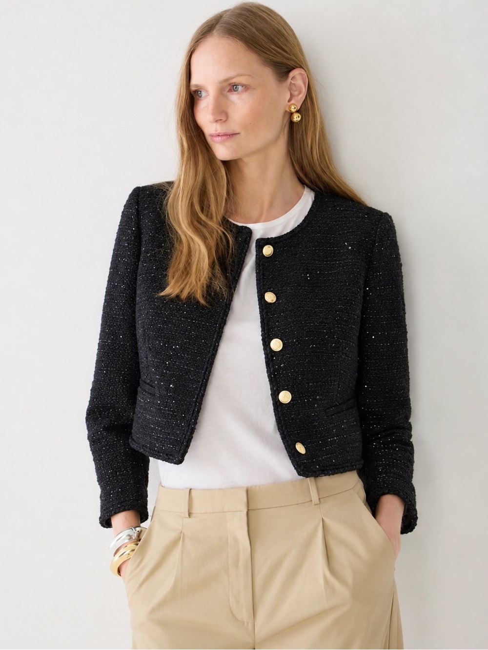 J.Crew Louisa Lady Jacket Sequin Tweed Black Cropped Blazer Size 10 - Picture 1 of 14